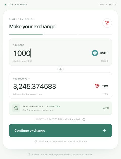 Форма суммы: You send, You receive и Continue exchange
