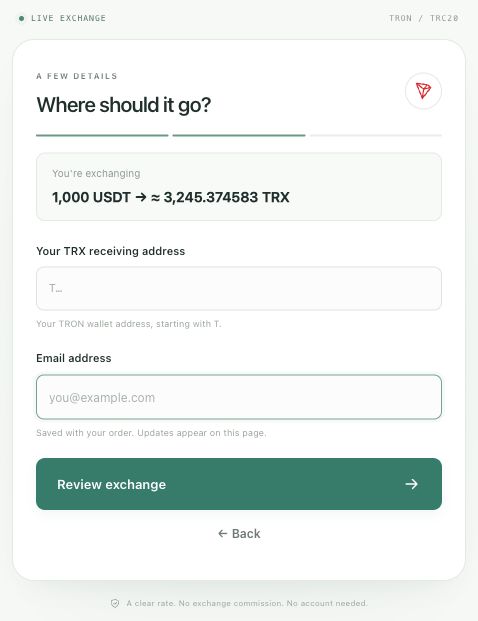 Поля Your TRX receiving address и Email address, кнопка Review exchange