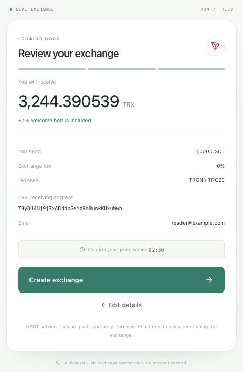 Проверка суммы, адреса, email и таймер подтверждения перед Create exchange
